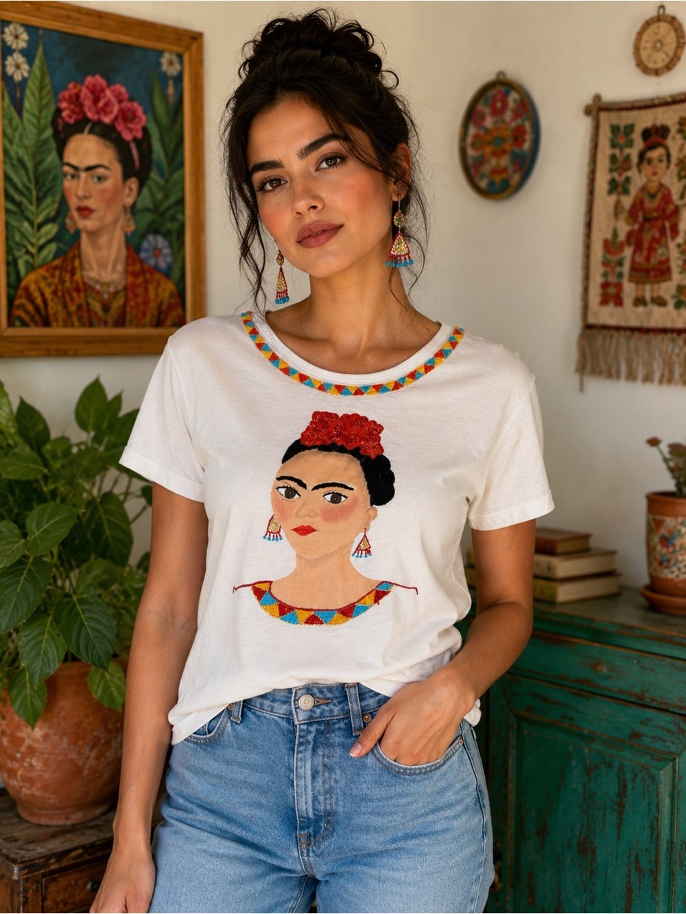 Yazbek Frida Kahlo Embroidered Art Pop Graphic Tee White Size Large